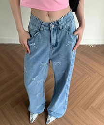 リボンプリントが可愛いストレートシルエット デニムパンツ