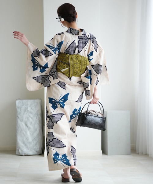 手染め注染浴衣3点セット utatane×注染工房 先染めベージュ 蒼空