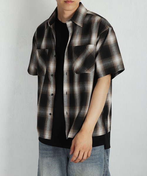 WESTSEA（ウエストシー）の「リサイクルファイバー オンブレチェック 半袖シャツ オーバーサイズ（シャツ/ブラウス・メンズ・ブルー/ブラウン/ブラック・M/L）」の5枚目の写真