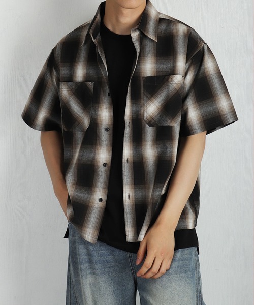 WESTSEA（ウエストシー）の「リサイクルファイバー オンブレチェック 半袖シャツ オーバーサイズ（シャツ/ブラウス・メンズ・ブルー/ブラウン/ブラック・M/L）」の4枚目の写真