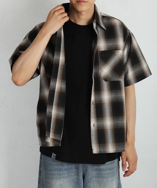 WESTSEA（ウエストシー）の「リサイクルファイバー オンブレチェック 半袖シャツ オーバーサイズ（シャツ/ブラウス・メンズ・ブルー/ブラウン/ブラック・M/L）」の6枚目の写真