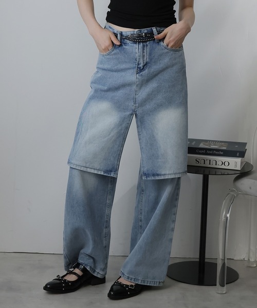 Ulysses(ユリシス)の「レイヤードデザインワイドデニム(デニムパンツ・レディース・ブルー・S)」の2枚目の写真