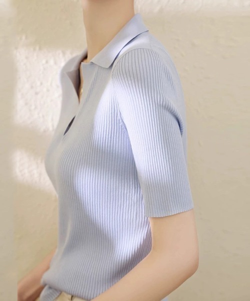 ONEP STAR(ワンピスター)の「襟付きリブニットトップス(ニット/セーター・レディース・ホワイト/ライトブルー/ブラック/ダークブラウン/パープル/グレイッシュベージュ・FREE)」の12枚目の写真