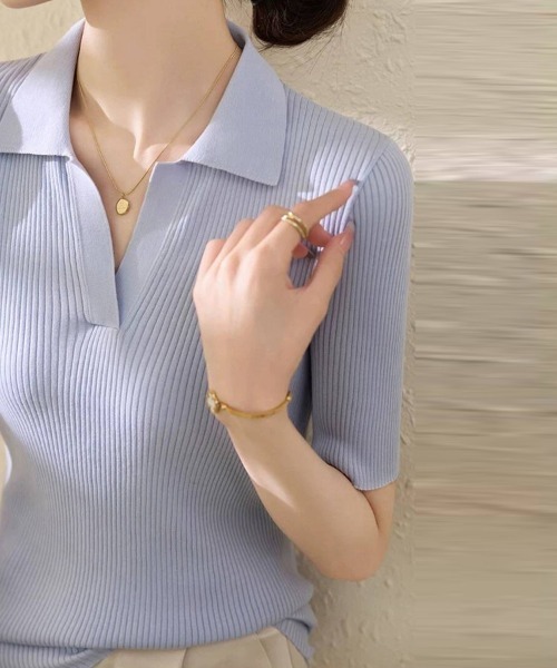 ONEP STAR(ワンピスター)の「襟付きリブニットトップス(ニット/セーター・レディース・ホワイト/ライトブルー/ブラック/ダークブラウン/パープル/グレイッシュベージュ・FREE)」の13枚目の写真