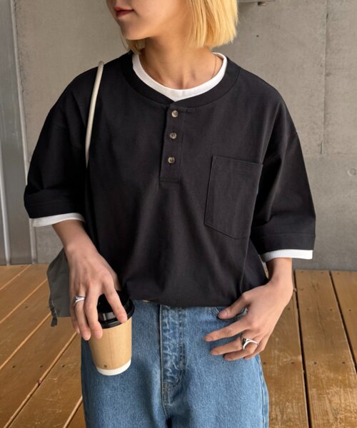 CIAOPANIC TYPY(チャオパニックティピー)の「【UNISEX】【汗シミ防止】レイヤードライクヘンリーTEE(Tシャツ/カットソー・メンズ・ベージュ/カーキ/ブラック/ホワイト・LARGE/MEDIUM)」の17枚目の写真