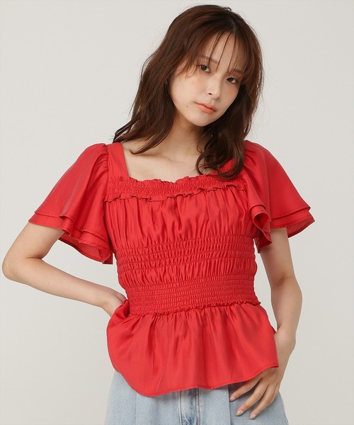AND COUTURE(アンドクチュール)の「ウエストシャーリングブラウス(シャツ/ブラウス・レディース・ピンク/レッド/オフホワイト/ブラック/ブラウン/ブルー・FREE)」の6枚目の写真
