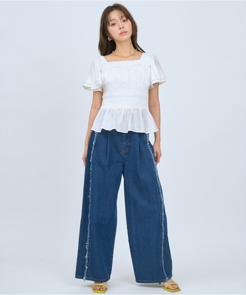 AND COUTURE(アンドクチュール)の「ウエストシャーリングブラウス(シャツ/ブラウス・レディース・ピンク/レッド/オフホワイト/ブラック/ブラウン/ブルー・FREE)」の8枚目の写真