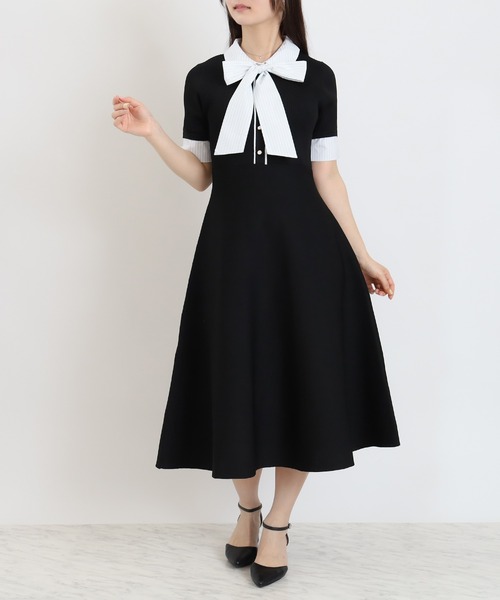 ASTORIA ODIER(アストリアオディール)の「リボンタイシャツイミテーションニットワンピース(ワンピース・レディース・ブラック/ネイビー/ライトグレー・MEDIUM)」の1枚目の写真