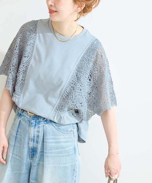 定価5-10万【McQ】袖レーストップス 手洗い可 / 接触冷感 / レーススリーブドルマントップス（Tシャツ