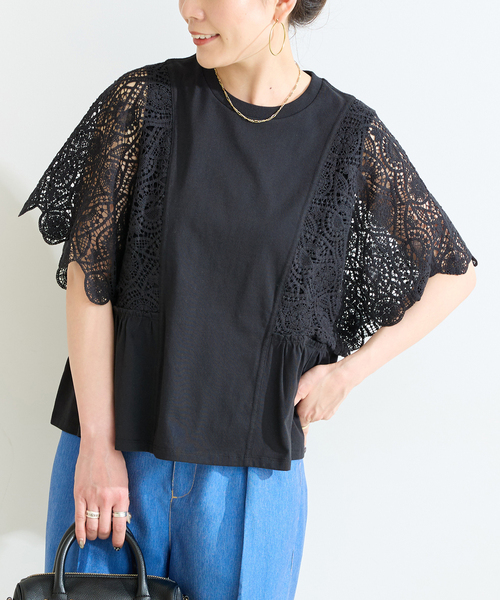 B.C STOCK(ベーセーストック)の「手洗い可 / 接触冷感 / レーススリーブドルマントップス(Tシャツ/カットソー・レディース・ホワイト/ブラック/サックスブルー・FREE)」の3枚目の写真