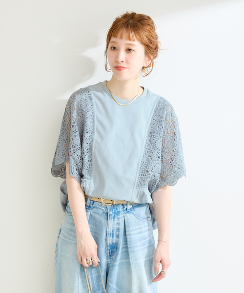 B.C STOCK(ベーセーストック)の「手洗い可 / 接触冷感 / レーススリーブドルマントップス(Tシャツ/カットソー・レディース・ホワイト/ブラック/サックスブルー・FREE)」の4枚目の写真