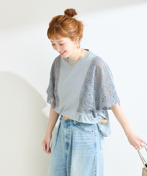 B.C STOCK(ベーセーストック)の「手洗い可 / 接触冷感 / レーススリーブドルマントップス(Tシャツ/カットソー・レディース・ホワイト/ブラック/サックスブルー・FREE)」の5枚目の写真