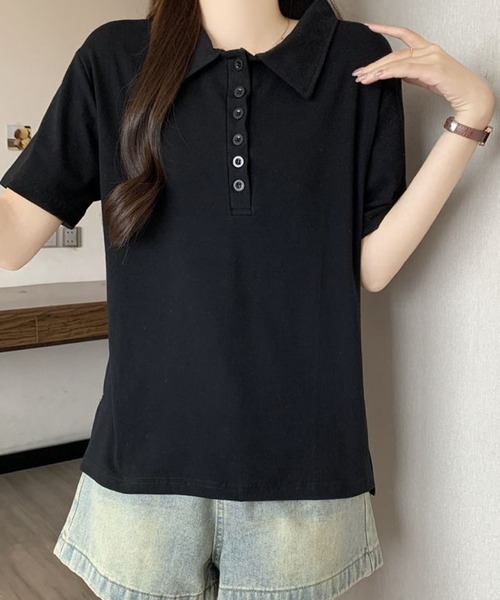 2ly2(トゥーリートゥー)の「シンプル襟付きボタンデザイン半袖Tシャツ レディース(Tシャツ/カットソー・レディース・グレー/ブラック・FREE)」の5枚目の写真