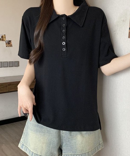 2ly2(トゥーリートゥー)の「シンプル襟付きボタンデザイン半袖Tシャツ レディース(Tシャツ/カットソー・レディース・グレー/ブラック・FREE)」の7枚目の写真