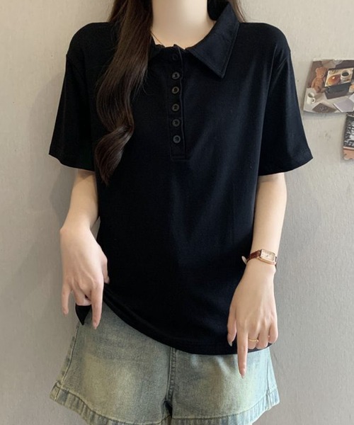 2ly2(トゥーリートゥー)の「シンプル襟付きボタンデザイン半袖Tシャツ レディース(Tシャツ/カットソー・レディース・グレー/ブラック・FREE)」の8枚目の写真