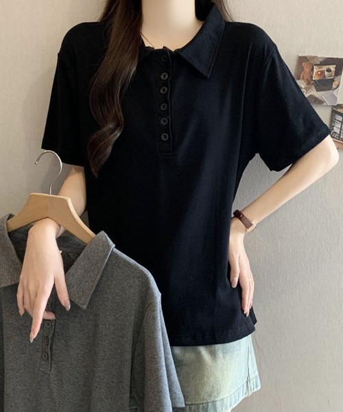 2ly2(トゥーリートゥー)の「シンプル襟付きボタンデザイン半袖Tシャツ レディース(Tシャツ/カットソー・レディース・グレー/ブラック・FREE)」の10枚目の写真