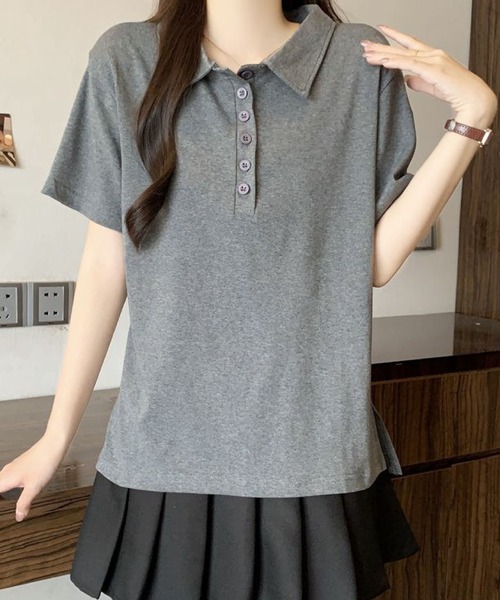 2ly2(トゥーリートゥー)の「シンプル襟付きボタンデザイン半袖Tシャツ レディース(Tシャツ/カットソー・レディース・グレー/ブラック・FREE)」の13枚目の写真
