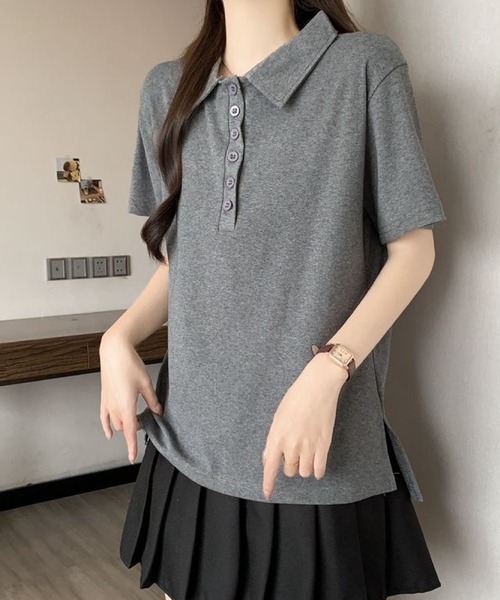 2ly2(トゥーリートゥー)の「シンプル襟付きボタンデザイン半袖Tシャツ レディース(Tシャツ/カットソー・レディース・グレー/ブラック・FREE)」の15枚目の写真