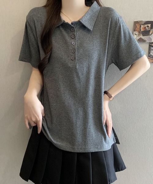2ly2(トゥーリートゥー)の「シンプル襟付きボタンデザイン半袖Tシャツ レディース(Tシャツ/カットソー・レディース・グレー/ブラック・FREE)」の16枚目の写真