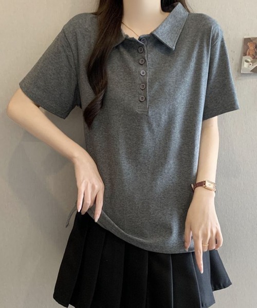 2ly2(トゥーリートゥー)の「シンプル襟付きボタンデザイン半袖Tシャツ レディース(Tシャツ/カットソー・レディース・グレー/ブラック・FREE)」の17枚目の写真