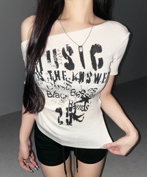 【 2color 】グランジロゴプリント半袖スリムニットトップス / grunge logo print shortsleeve slim knit tops