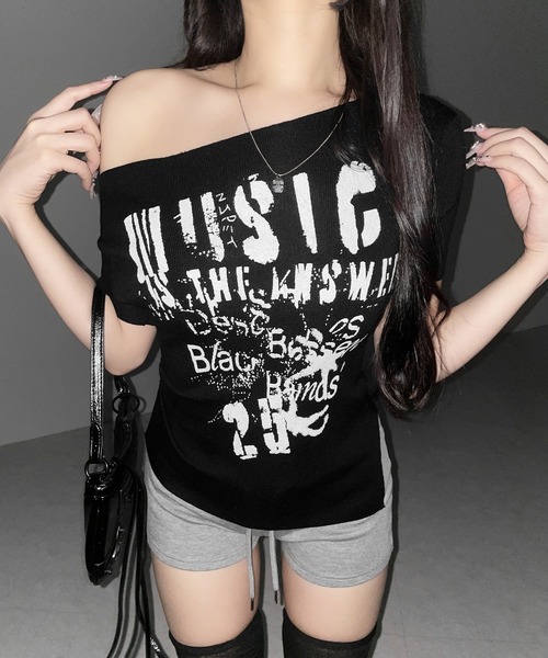 me+em select(ミームセレクト)の「【 2color 】グランジロゴプリント半袖スリムニットトップス / grunge logo print shortsleeve slim knit tops(ニット/セーター・レディース・ホワイト/ブラック・FREE)」の6枚目の写真