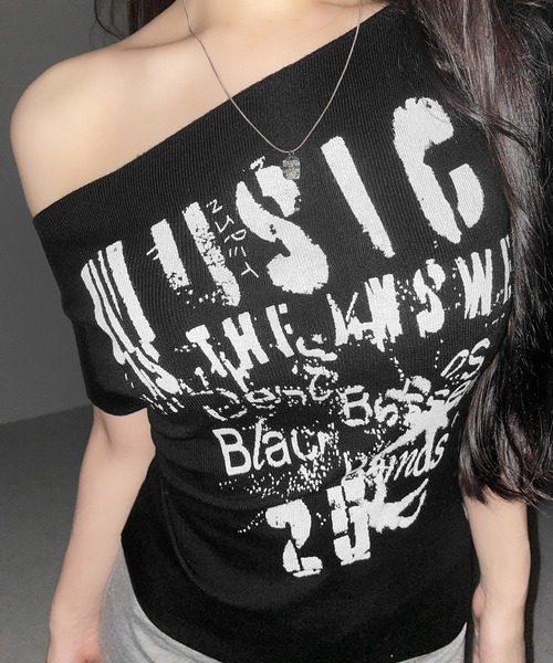 me+em select(ミームセレクト)の「【 2color 】グランジロゴプリント半袖スリムニットトップス / grunge logo print shortsleeve slim knit tops(ニット/セーター・レディース・ホワイト/ブラック・FREE)」の5枚目の写真