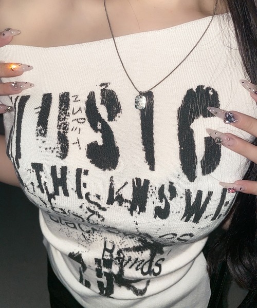 me+em select(ミームセレクト)の「【 2color 】グランジロゴプリント半袖スリムニットトップス / grunge logo print shortsleeve slim knit tops(ニット/セーター・レディース・ホワイト/ブラック・FREE)」の16枚目の写真