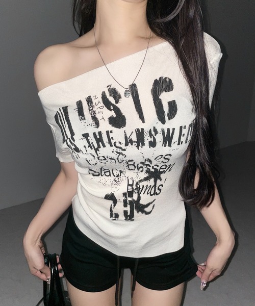me+em select(ミームセレクト)の「【 2color 】グランジロゴプリント半袖スリムニットトップス / grunge logo print shortsleeve slim knit tops(ニット/セーター・レディース・ホワイト/ブラック・FREE)」の21枚目の写真