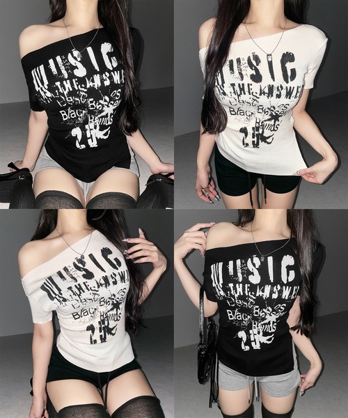 me+em select(ミームセレクト)の「【 2color 】グランジロゴプリント半袖スリムニットトップス / grunge logo print shortsleeve slim knit tops(ニット/セーター・レディース・ホワイト/ブラック・FREE)」の4枚目の写真