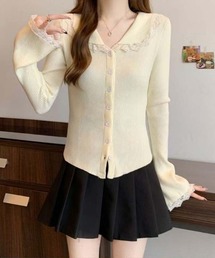 ピーターパンカラー レーストリム ボタン付き タイト長袖Tシャツ