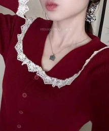 ピーターパンカラー レーストリム ボタン付き タイト長袖Tシャツ