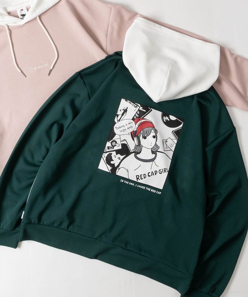 Red Cap Girl(レッドキャプガール)の「【a-r】〔RedCapGirl/レッドキャップガール〕ダンボールニット フード切替バックイラストパーカー ストレッチ/シルクタッチ(パーカー・メンズ・アッシュグレー/ホワイト/ブラック/ピンク/グリーン・MEDIUM/LARGE)」の4枚目の写真