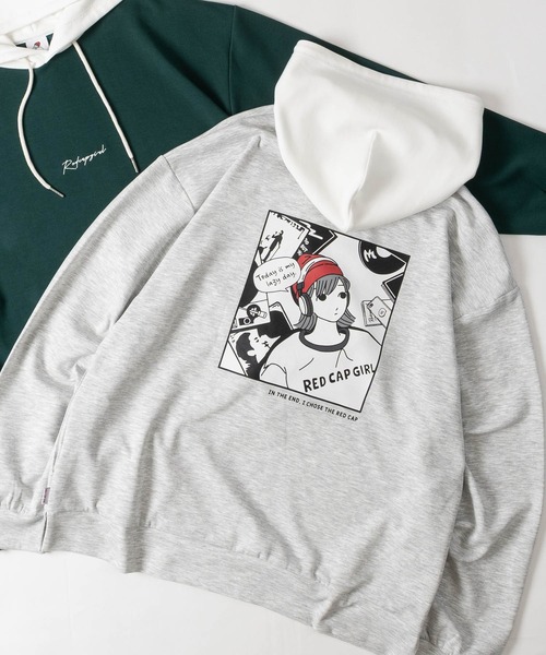 Red Cap Girl(レッドキャプガール)の「【a-r】〔RedCapGirl/レッドキャップガール〕ダンボールニット フード切替バックイラストパーカー ストレッチ/シルクタッチ(パーカー・メンズ・アッシュグレー/ホワイト/ブラック/ピンク/グリーン・MEDIUM/LARGE)」の3枚目の写真