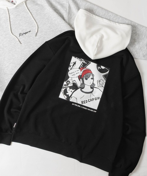 Red Cap Girl(レッドキャプガール)の「【a-r】〔RedCapGirl/レッドキャップガール〕ダンボールニット フード切替バックイラストパーカー ストレッチ/シルクタッチ(パーカー・メンズ・アッシュグレー/ホワイト/ブラック/ピンク/グリーン・MEDIUM/LARGE)」の2枚目の写真