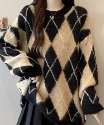 オーバーサイズ アーガイル柄シャギーニットプルオーバー