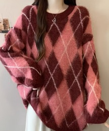オーバーサイズ アーガイル柄シャギーニットプルオーバー