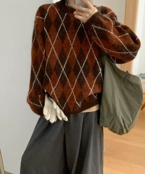 Teem Store(チームストア)の「オーバーサイズ アーガイル柄シャギーニットプルオーバー(ニット/セーター・レディース・ベージュ/グレー/レッド/ピンク・M)」の19枚目の写真