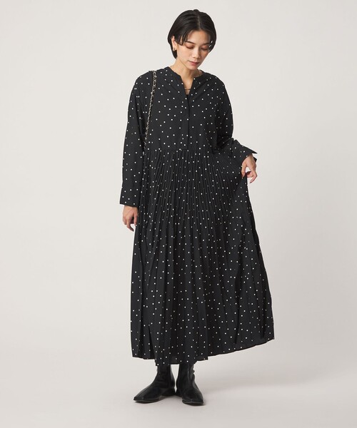 green label relaxing ワッシャープリーツワンピース size SHORT/TALLあり］ワッシャー プリーツ ワンピース ドット