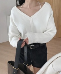 V ネックオフショルダー2WAYニットトップス