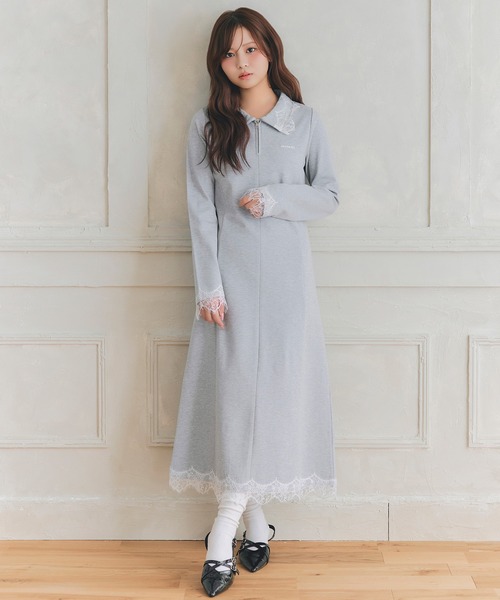 LOVE 大場花菜さん着用】レーストリムハーフZIPポロカットロング