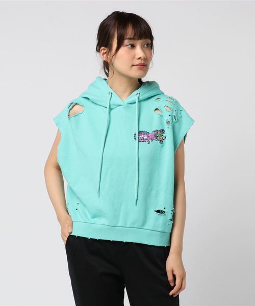 PUNYUS（プニュズ）の「ワニ刺繍ショート丈ノースリーブパーカー（パーカー・レディース・イエロー/ブラック/ターコイズブルー・1/2/3/4）」の2枚目の写真