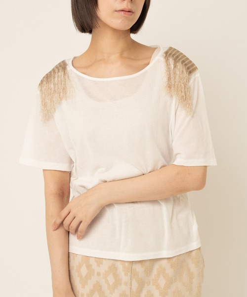 RNA-N（アールエヌエーエヌ）の「M0925 ショルダーフリンジTシャツ（Tシャツ/カットソー・レディース・ホワイト/グレー/ネイビー・MEDIUM）」の2枚目の写真