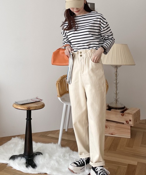 セール】スタイルアップ魅せ。ハイウエストギャザーテーパードパンツ