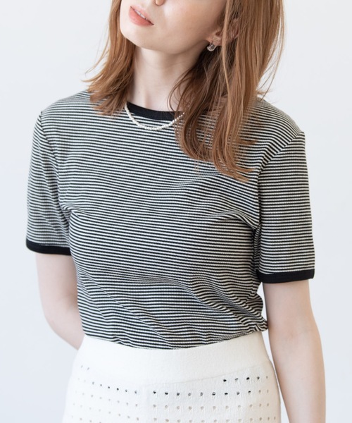 flowriri(フロウリリ)の「flowriri ボーダーTシャツ(Tシャツ/カットソー・レディース・ブラック/グリーン・FREE)」の1枚目の写真