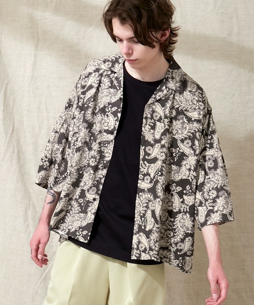 EMMA CLOTHES（エマクローズ）の「オーバーサイズドルマン プラントガラ オープンカラーS/Sシャツ EMMA CLOTHES（シャツ/ブラウス・メンズ・ホワイト系その他/ブラック系その他/ベージュ系その他/グリーン系その他/ブルー系その他/ブラック系その他2/ブルー系その他2/ブルー系その他3・M/L）」の5枚目の写真