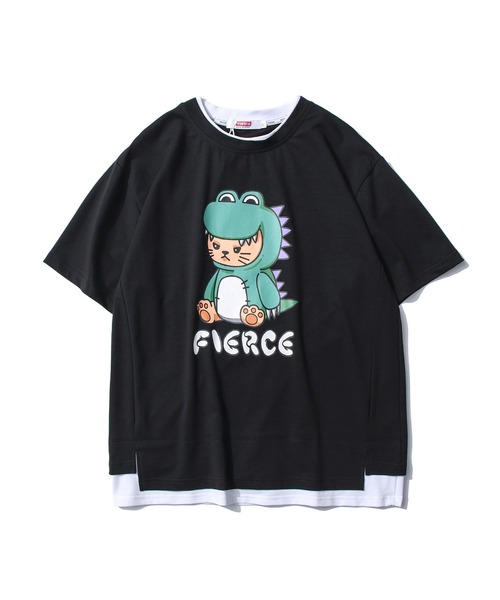 Hook フック の Hook 新作 かわいい恐竜イラストプリント 重ね着風レイヤード半袖tシャツ Tシャツ カットソー Wear