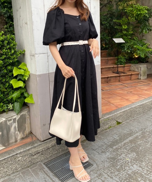 one after another NICE CLAUP(ワンアフターアナザーナイスクラップ)の「配色ベルトボリュームスリーブワンピース(ワンピース・レディース・ブラック/アイボリー/イエロー系その他・FREE)」の2枚目の写真