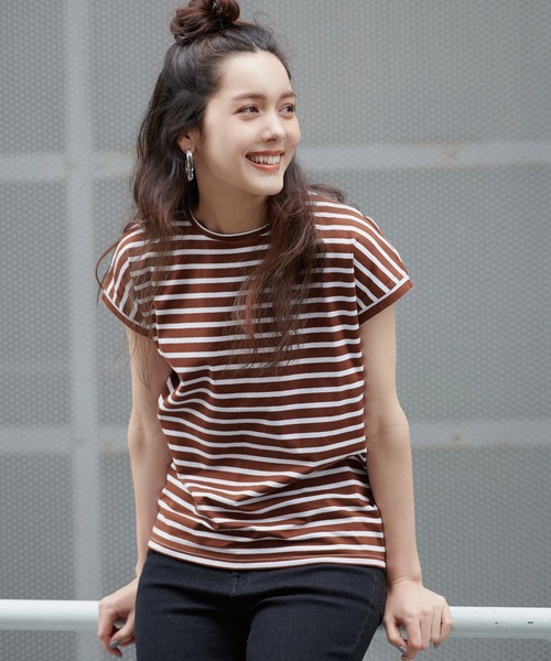 coca(coca)(コカ)の「フレンチスリーブボーダーTOPS(Tシャツ/カットソー・レディース・ホワイト/ブラウン/ブルー/グリーン・M/L)」の1枚目の写真