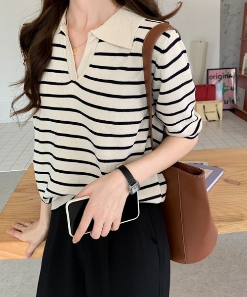 ABITOKYO(アビトーキョー)の「キーネックボーダーニットプルオーバー(ニット/セーター・レディース・ブラック/ベージュ/ネイビー・FREE)」の4枚目の写真